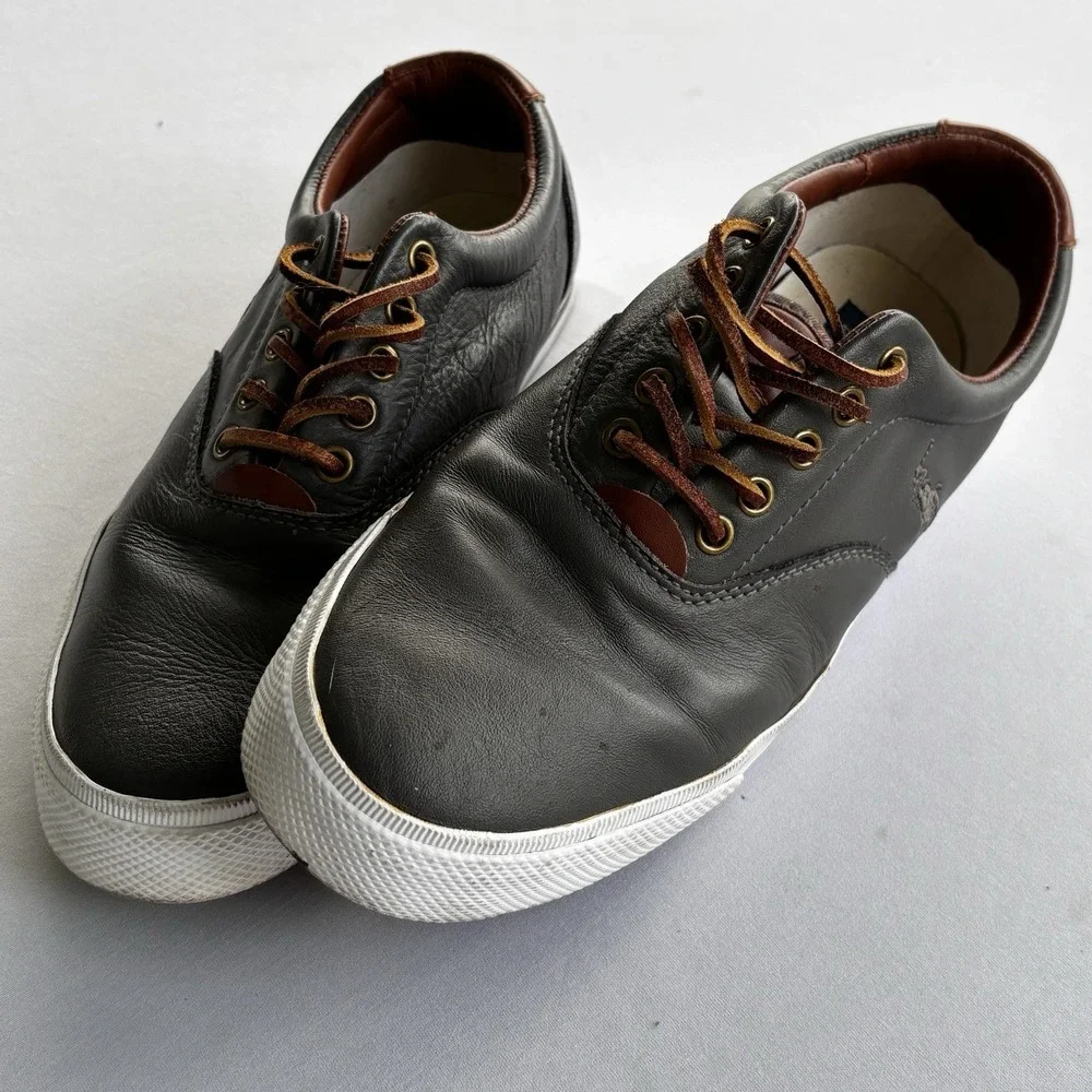 Polo Ralph Lauren Vaughn 9D Leather Sneakers Black Brown‎ Lace Up Shoes